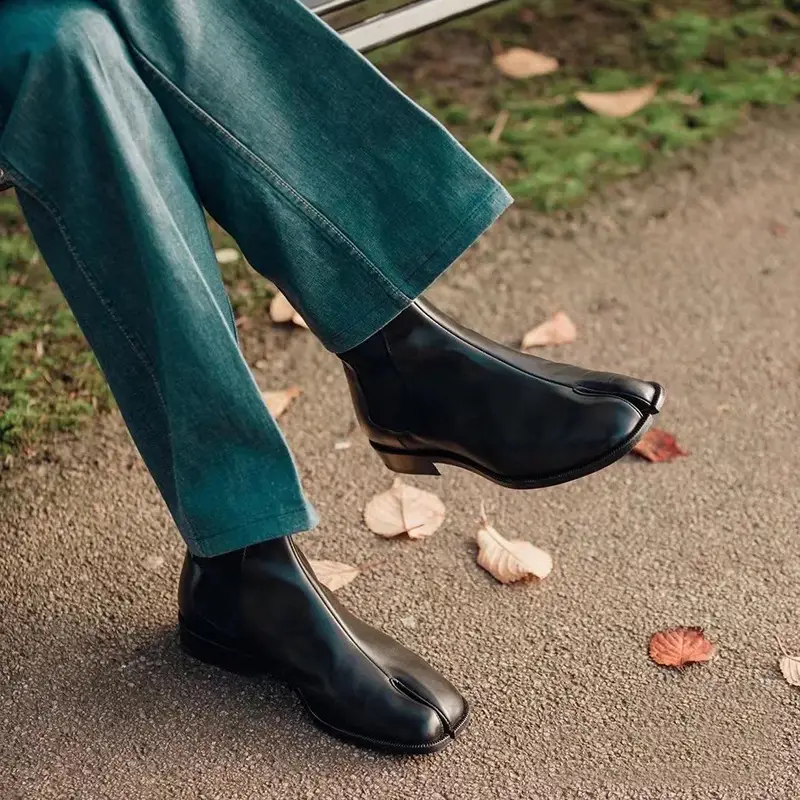 Women's Black Cow Leather Split Toe Outdoor Comfort High Top Classic Chelsea Ankle Boots