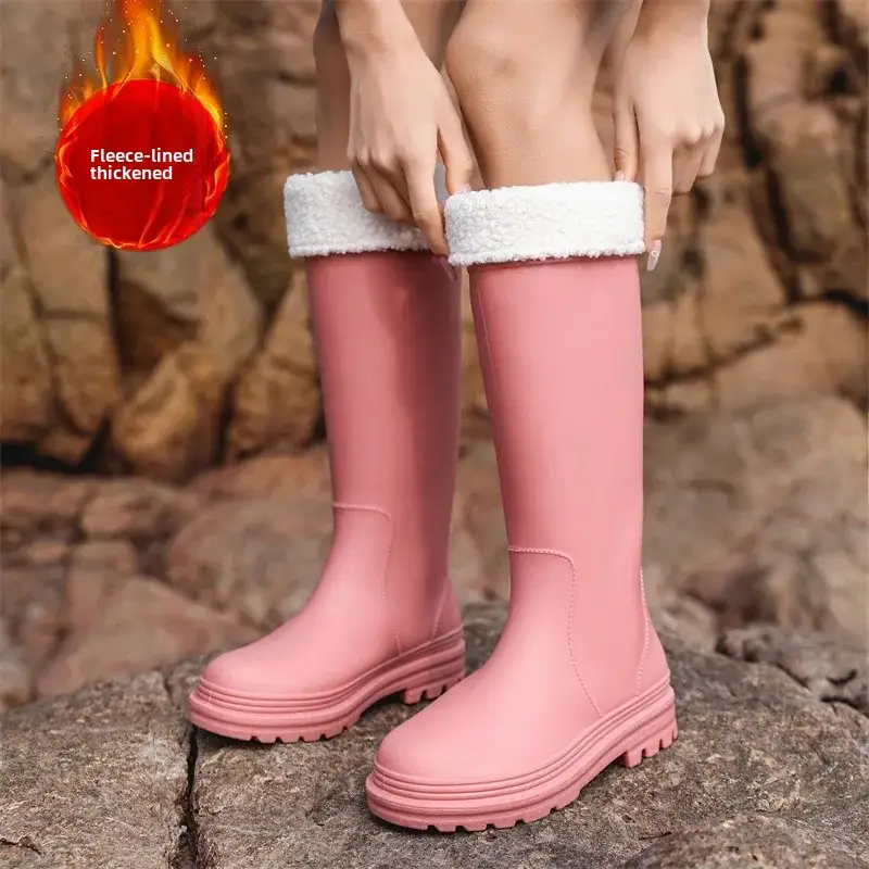 Spring and Autumn High-Tube Women's Water Boots, Fashion Rain Boots with Thick Bottom PVC Slip-On Low Heel for Beach and Rain Protection