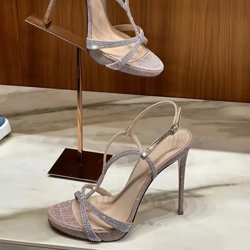 Women's Sexy Platform Lace-Up Sandals with Stiletto Heel, Waterproof Summer Party Shoes Featuring Sequins and Rhinestones