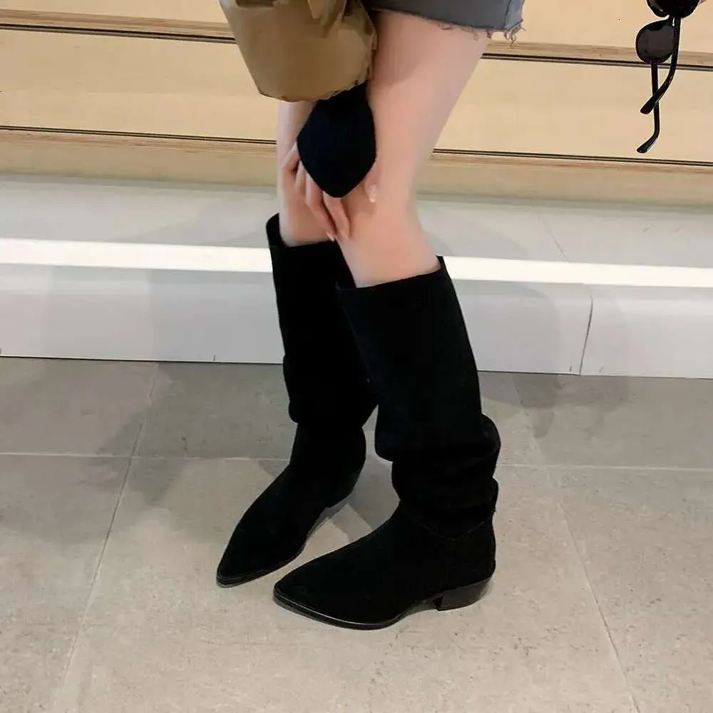 Suede Leather Retro Autumn And Winter Slip-On Women's Boots Pointed Toe Square Heel Basic Knee-High Boots