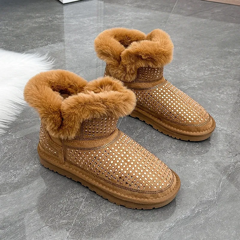 Women's Boots Rhinestone Decor Shoes Winter Plush Warm Snow Boots Outdoor Casual Fashion Flat Footwear