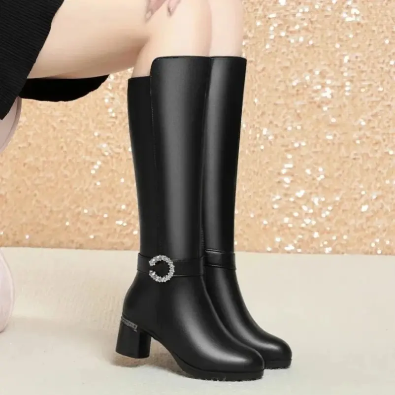 Knight Boots Women's Genuine Leather Winter Natural Wool Women's High Heel Boots Warm Women's Long Boots