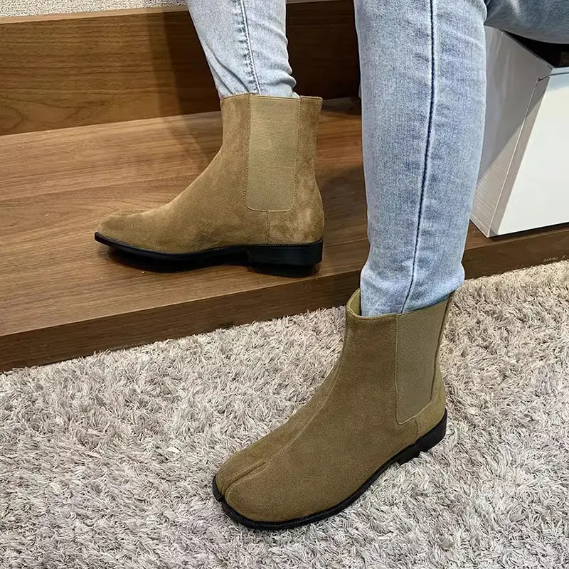 New Women's Real Leather Split Toe Tabi Cow Leather Chelsea Ankle Boots