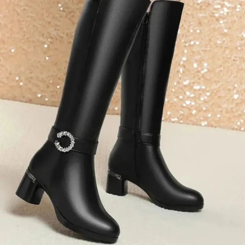 Knight Boots Women's Genuine Leather Winter Natural Wool Women's High Heel Boots Warm Women's Long Boots