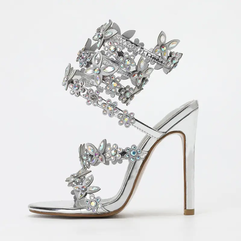 Women's High Heels with Shiny Crystal Butterfly and Flower Decoration, Ideal for Wedding Occasions