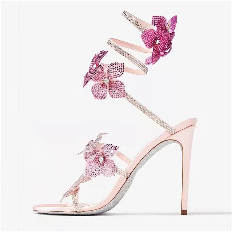 Sexy Women's Stiletto Sandals with Narrow Ankle Strap and Crystal Flower Decoration