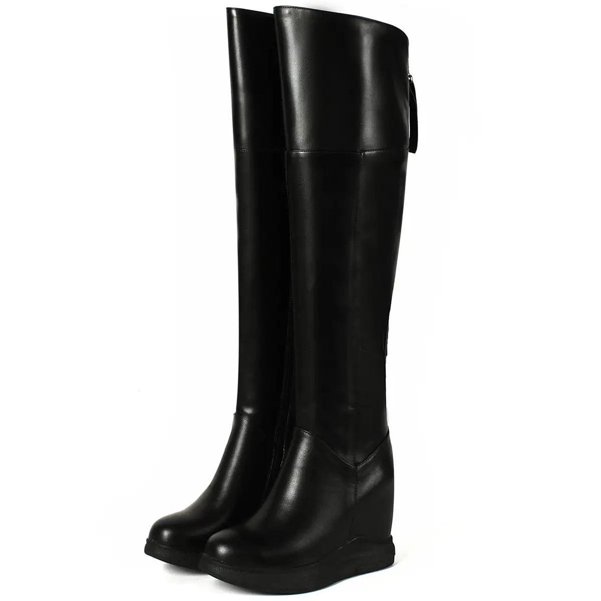 Winter Pumps Shoes Women Cow Leather Wedges High Heel Thigh High Snow Boots Round Toe Sneakers Shoes