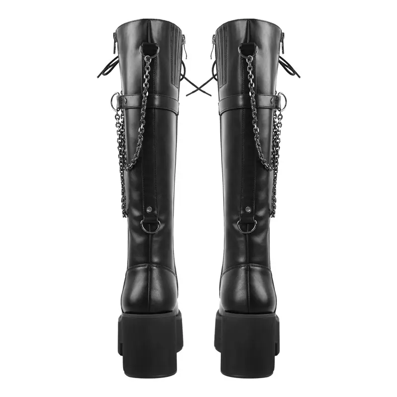 Women's Platform Punk Booties, Black PU Leather, Lace-Up Mid-Calf Boots with Chunky High Heels and Side Zipper, Motorcycle Style