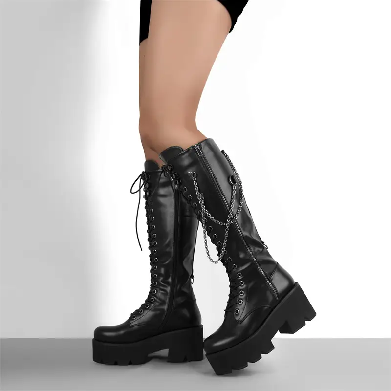 Platform Women Punk Booties Black PU Lace Up Mid Calf Chunky High Heels Side Zip Motorcycle Boots
