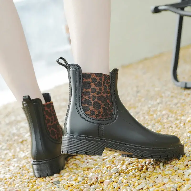 Women's Short Boot New Style Chelsea Anti Slip Waterproof Fashionable Leopard Print Outdoor Footwear