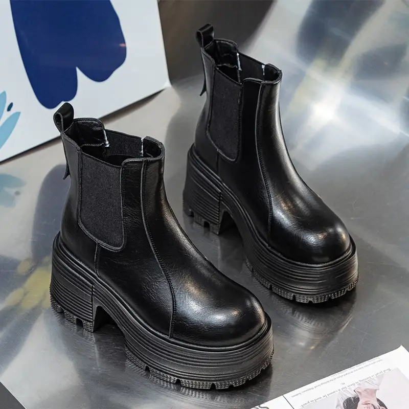 Women Ankle Boots Genuine Leather Heel High Boots Women Platform High Heel British Style Women Boot