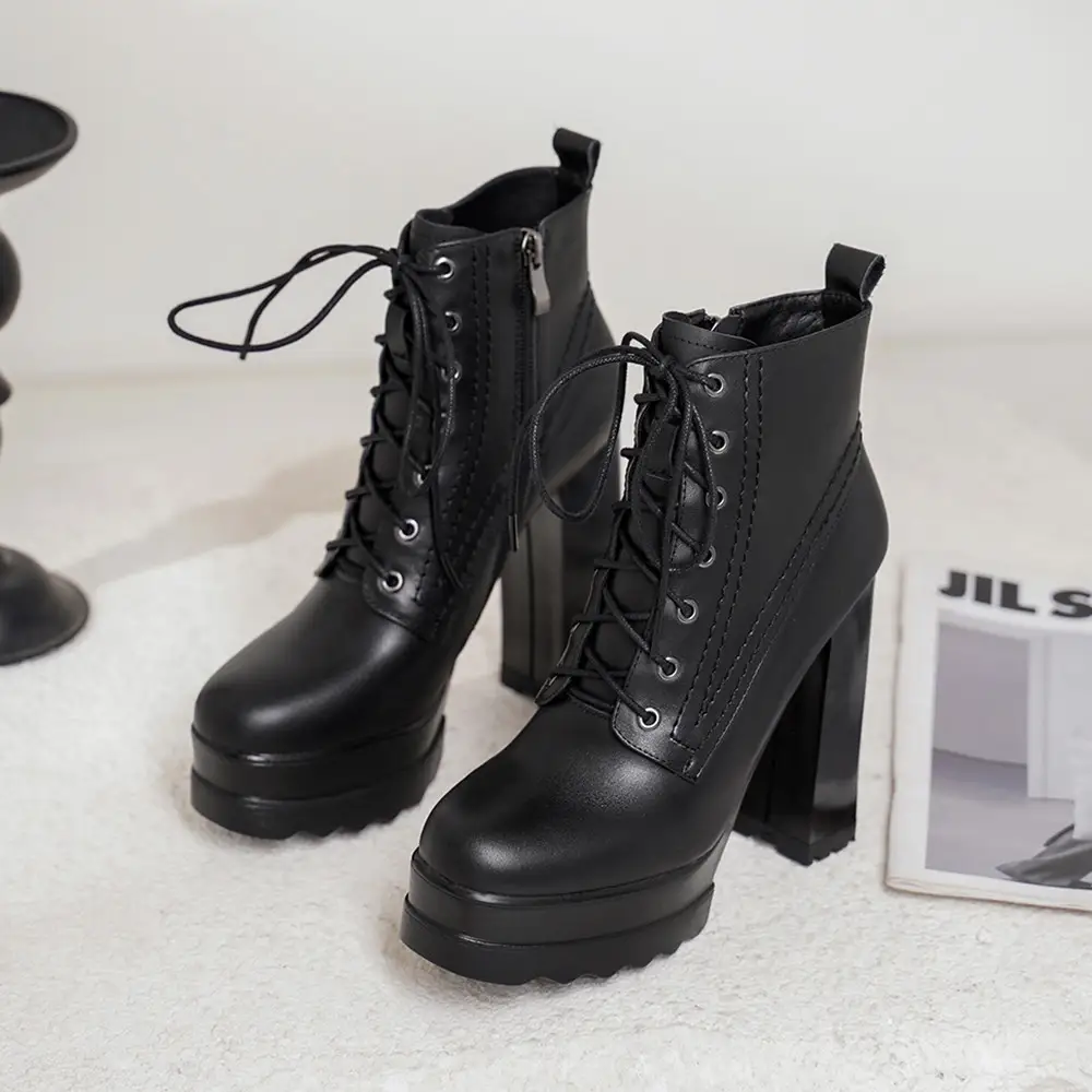 Women's Ankle Platform High Heels Lace Up Fashion Design Comfortable Round Toe Zipper Closure Boots