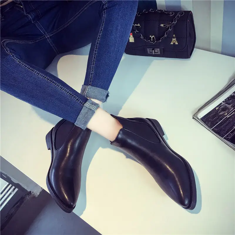 Women's Ankle Flat Heels Leather Black Pointed Toe Chelsea Boots