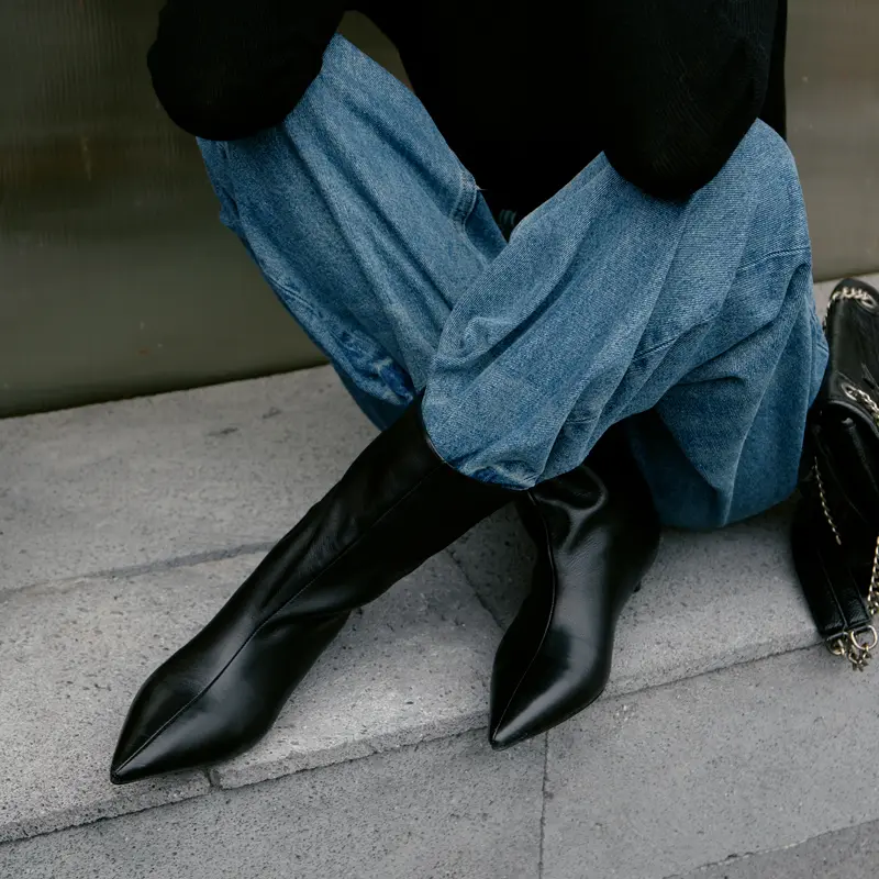 Women's Black Stiletto Knee High Pointed Toe Genuine Leather Mid Calf Wide Leg Ankle Boots