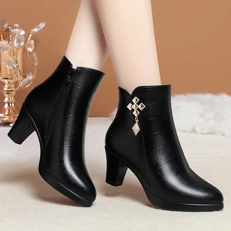Soft Leather Ankle Boots Autumn Winter Thick Soled Plush Fashionable Pointed Toe Mid Heel High Heels