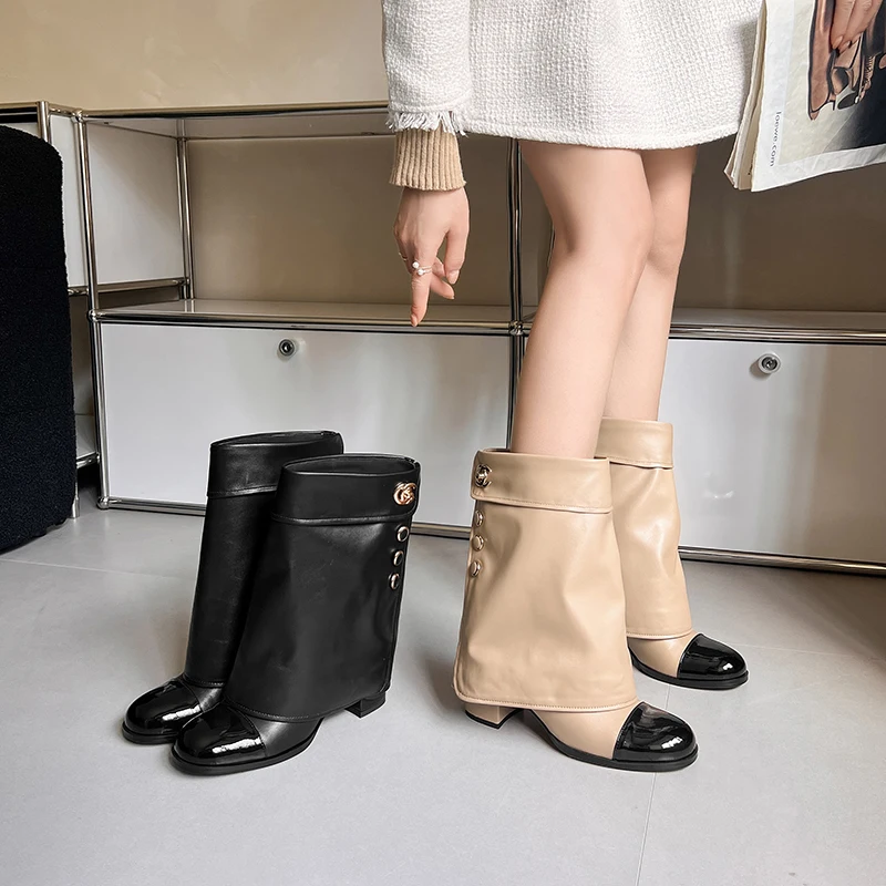 Cowhide Colorblocked Mid-Calf Round Toe Cuffed Thick Heel Trouser Leg Boots