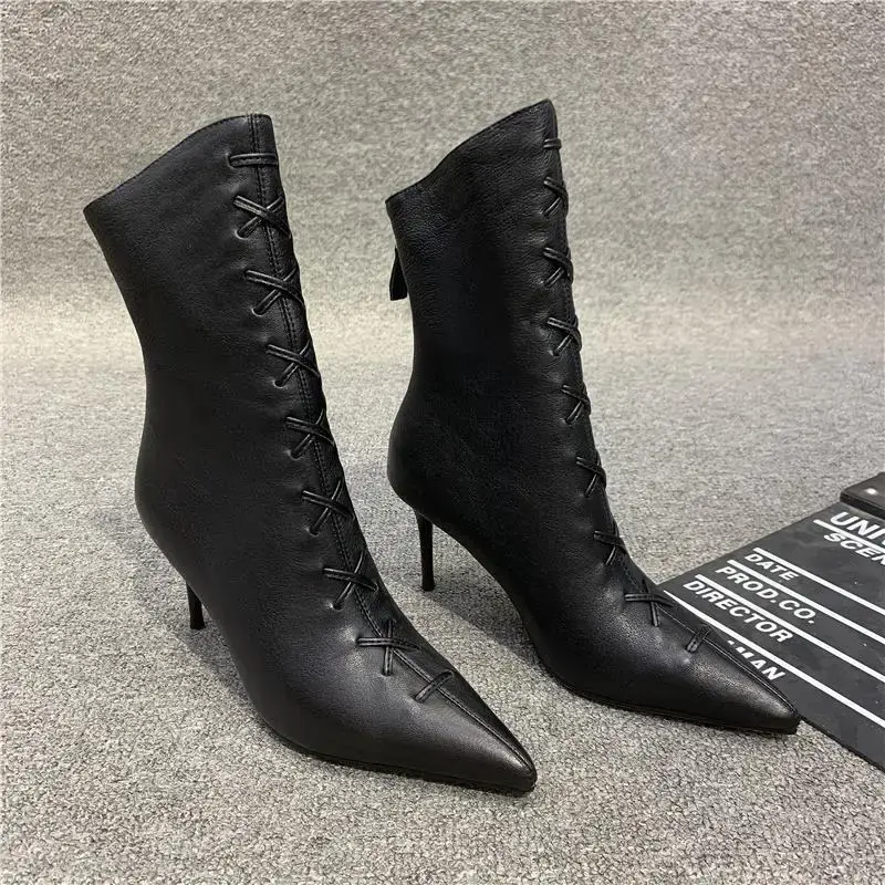 High Heel Women's Winter Elegant Comfortable Black Pointed Leather Ankle Boots