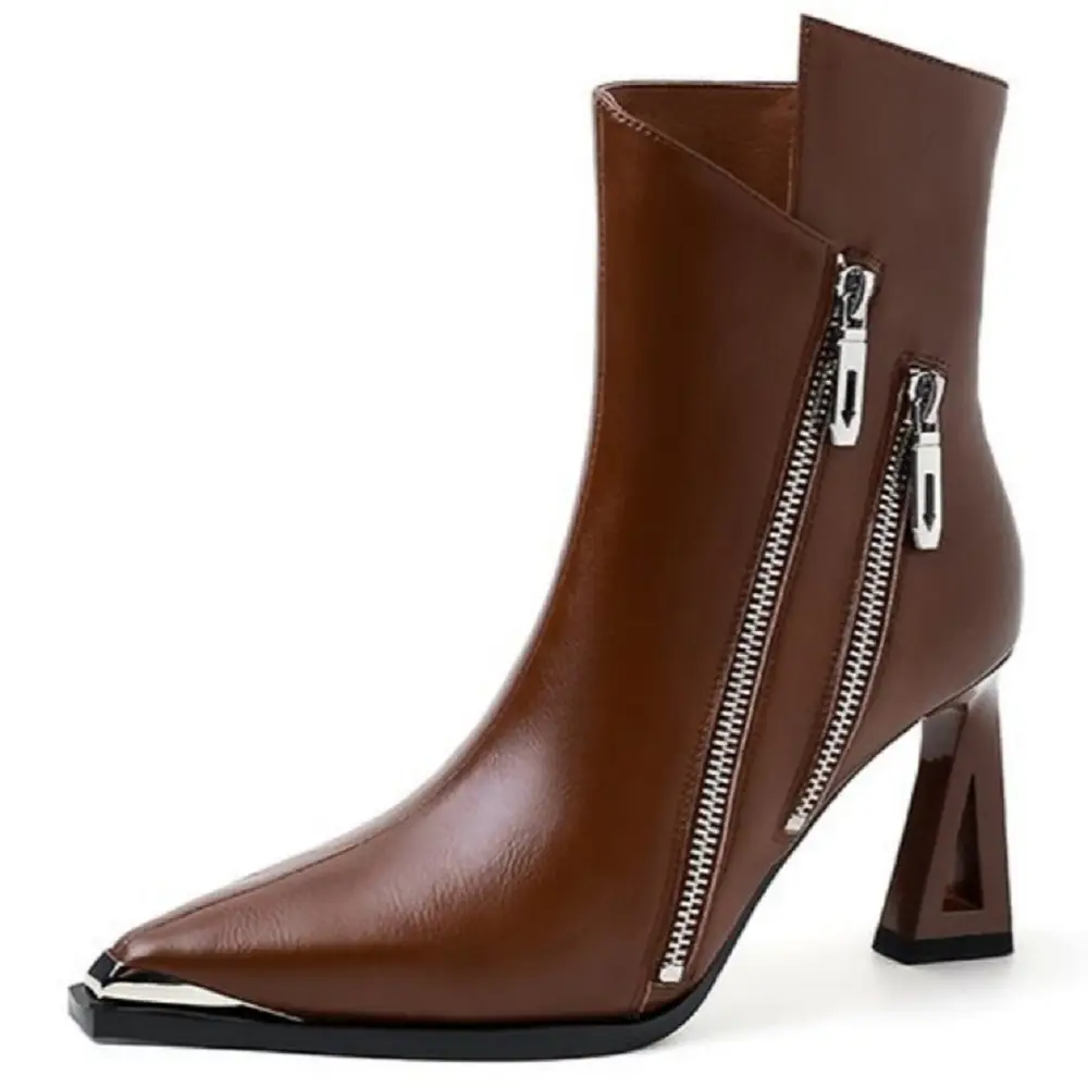 Genuine Leather Women's Double Zipper Design Open High Heel Fashion Ankle Boots