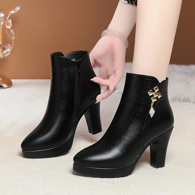 Soft Leather Ankle Boots Autumn Winter Thick Soled Plush Fashionable Pointed Toe Mid Heel High Heels