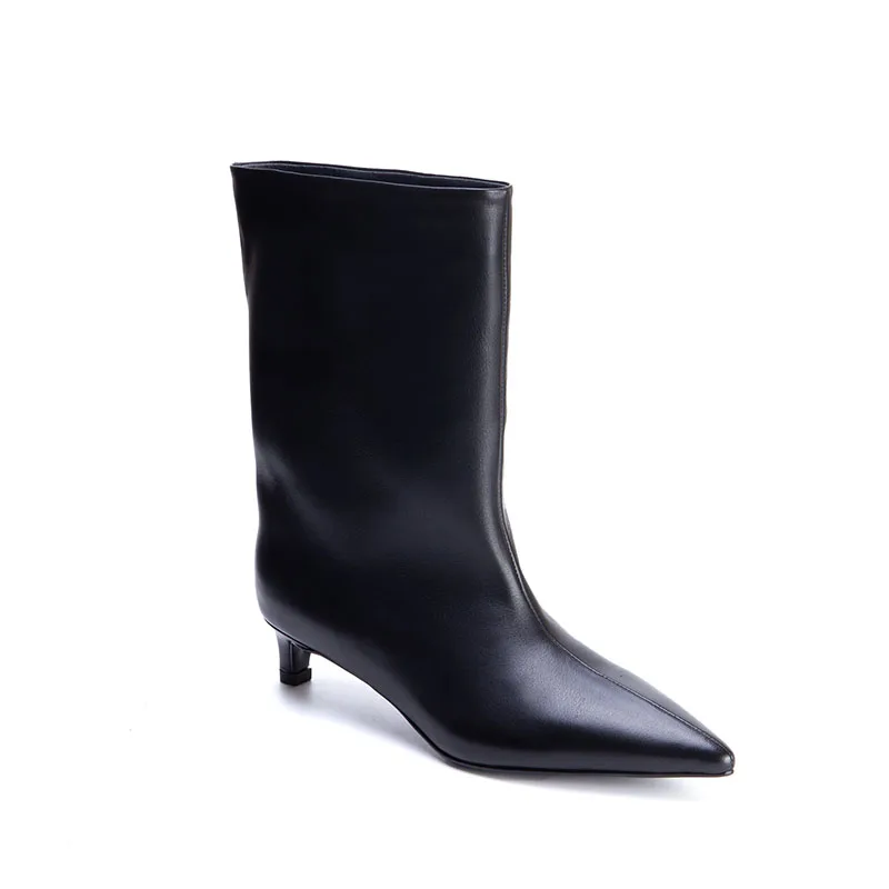 Women's Black Stiletto Knee High Pointed Toe Genuine Leather Mid Calf Wide Leg Ankle Boots