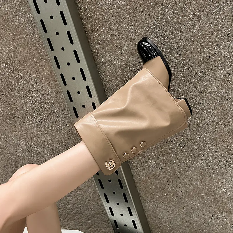 Cowhide Colorblocked Mid-Calf Round Toe Cuffed Thi...