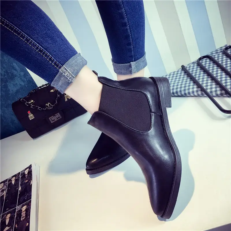 Women's Ankle Flat Heels Leather Black Pointed Toe...