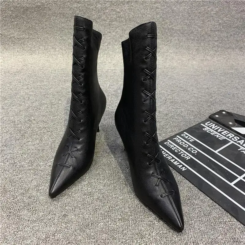 High Heel Women's Winter Elegant Comfortable Black Pointed Leather Ankle Boots