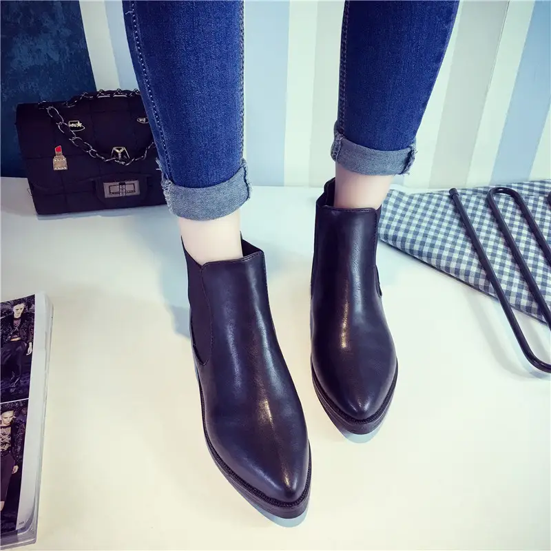 Women's Ankle Flat Heels Leather Black Pointed Toe Chelsea Boots