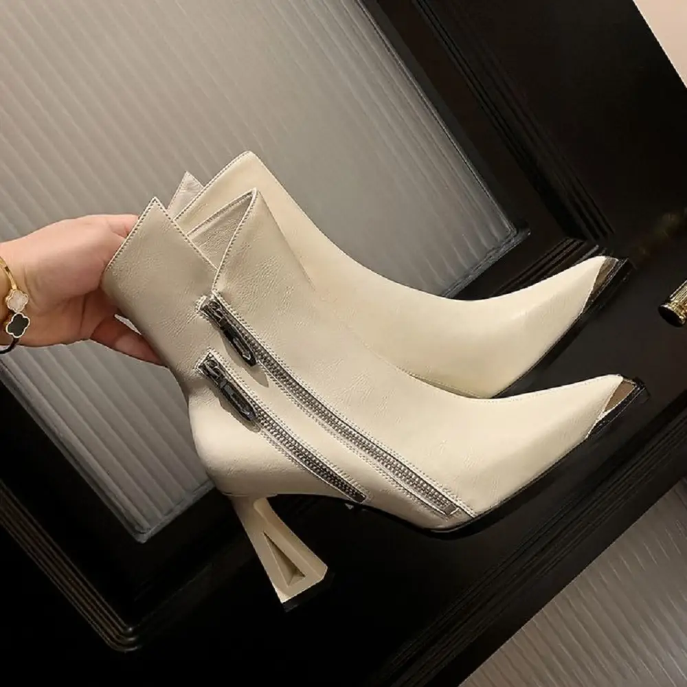 Genuine Leather Women's Double Zipper Design Open High Heel Fashion Ankle Boots
