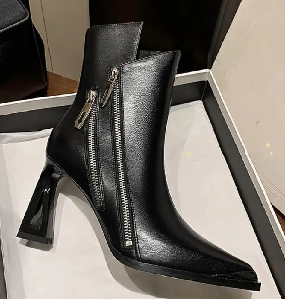 Genuine Leather Women's Double Zipper Design Open High Heel Fashion Ankle Boots