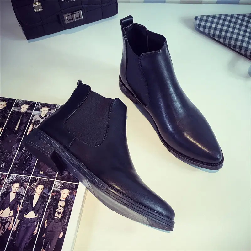 Women's Ankle Flat Heels Leather Black Pointed Toe Chelsea Boots