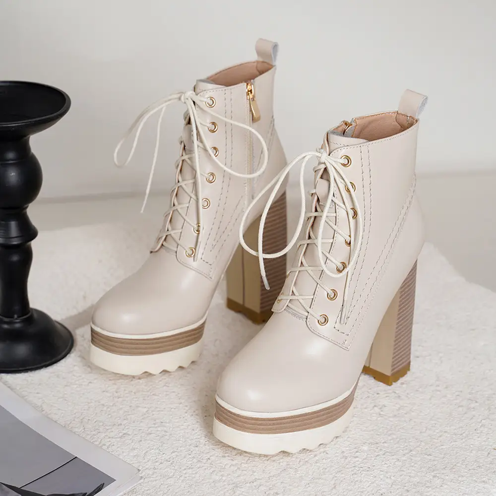 Women's Ankle Platform High Heels Lace Up Fashion Design Comfortable Round Toe Zipper Closure Boots