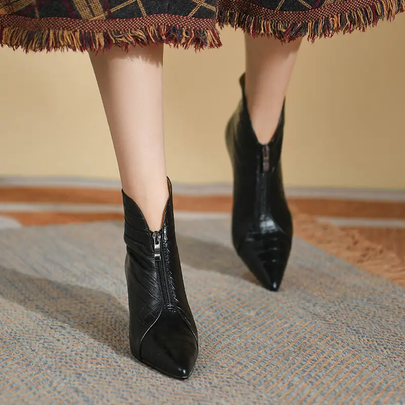 Winter Women's Genuine Leather Pointed Toe Stiletto High Heel Ankle Boots