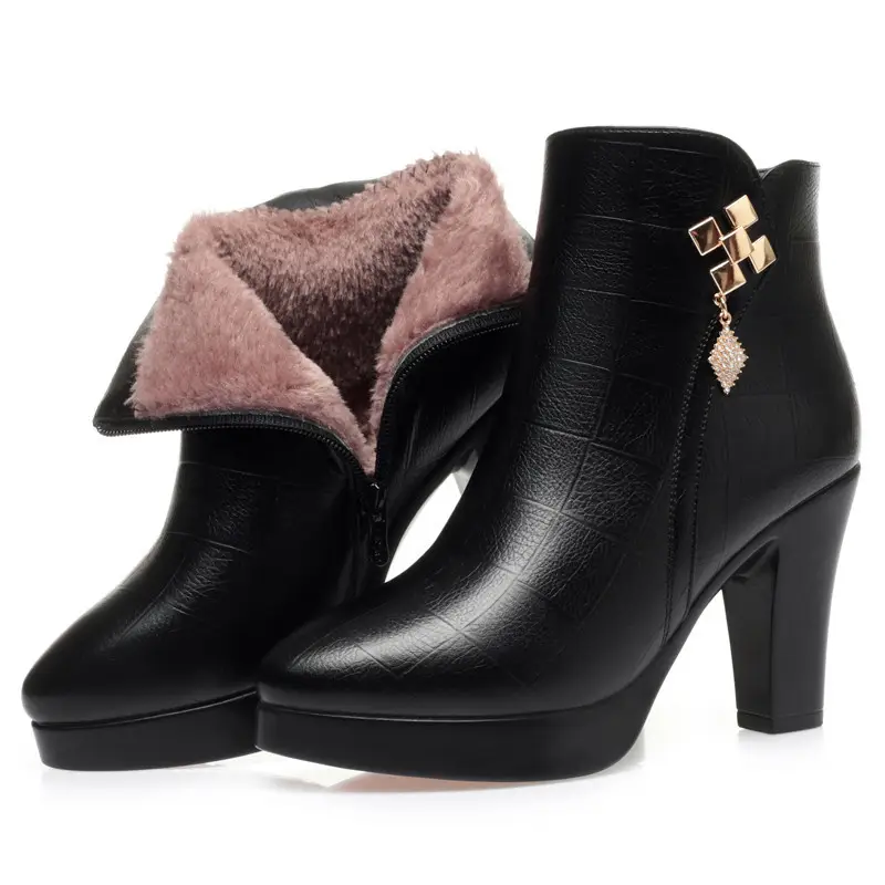 Soft Leather Ankle Boots Autumn Winter Thick Soled Plush Fashionable Pointed Toe Mid Heel High Heels