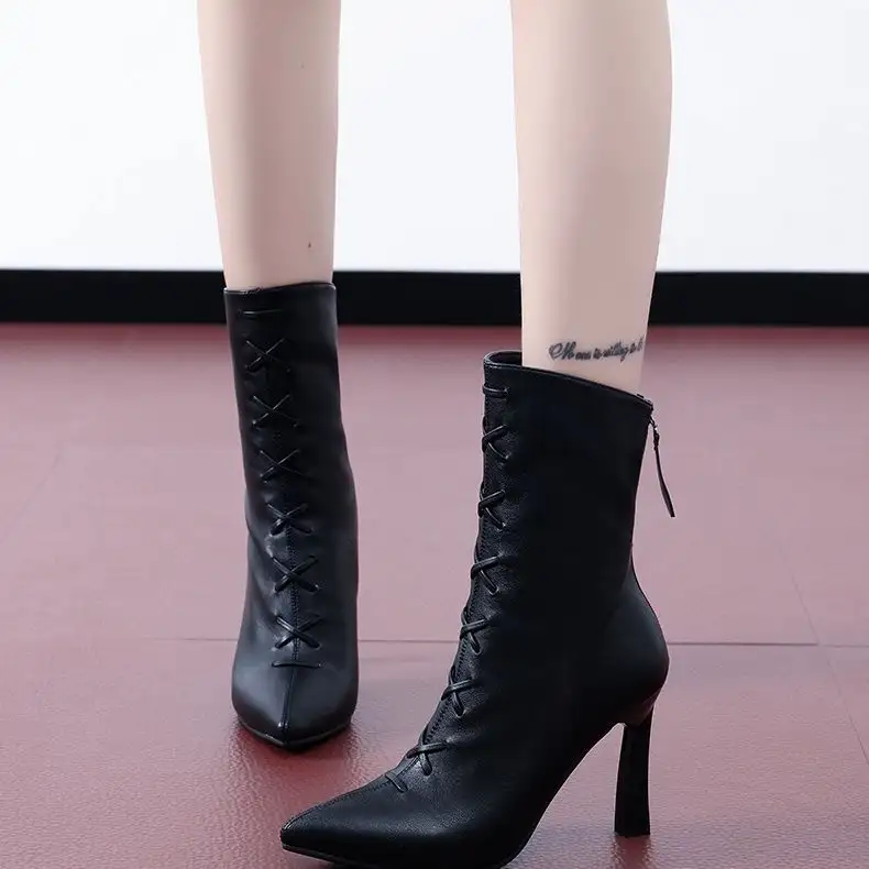 High Heel Women's Winter Elegant Comfortable Black Pointed Leather Ankle Boots