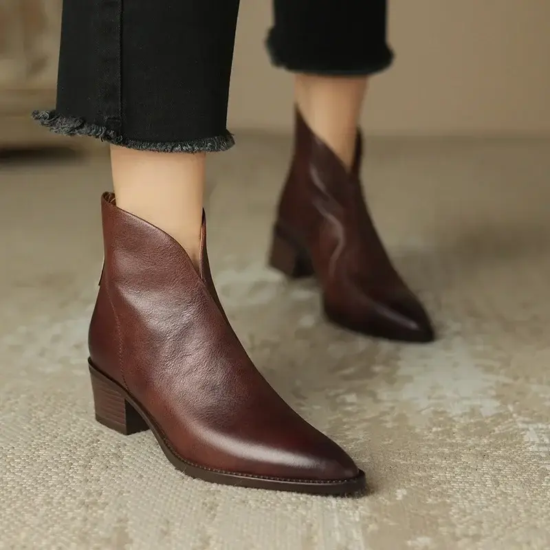 Women's Pointed Toe Brown Ankle High Heels Vintage Chelsea Mid Heel Short Boots