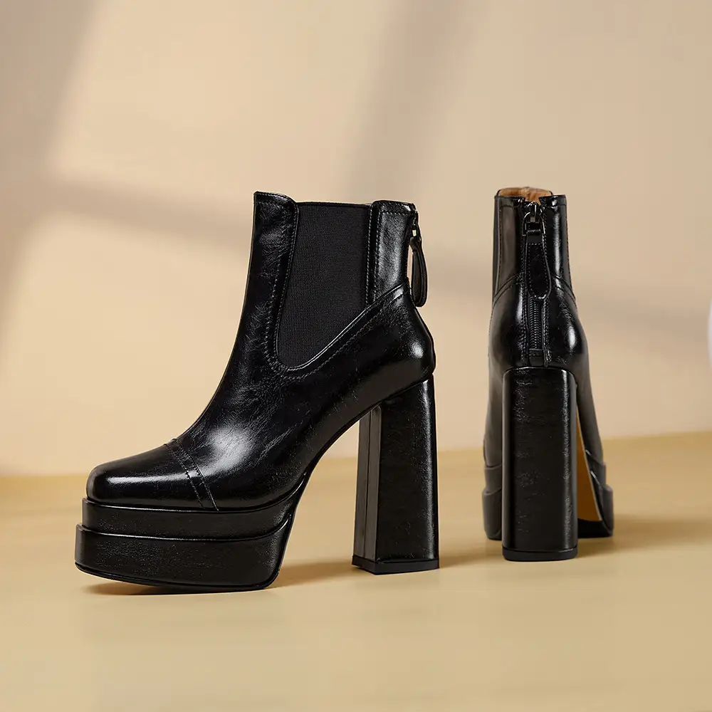 Fashionable Full Leather Women's Ultra-High Chunky Heels Zipper Ankle Boots Solid Color