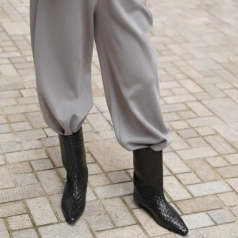 Braided Retro Slim Mid-Calf Fashionable Pointed Toe Loose Straight Short Boots For Women