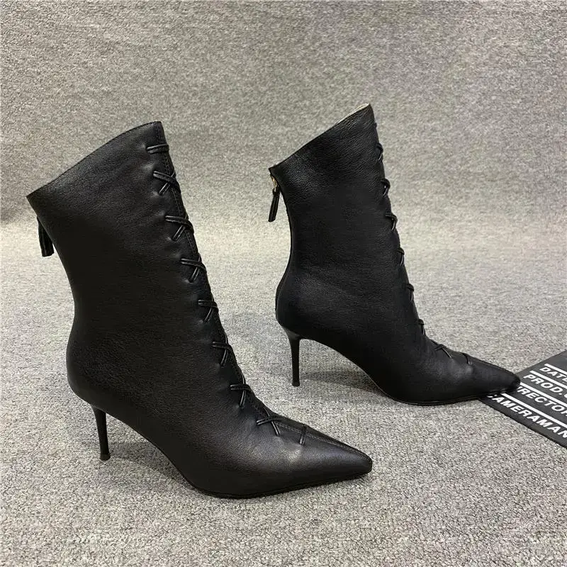 High Heel Women's Winter Elegant Comfortable Black Pointed Leather Ankle Boots