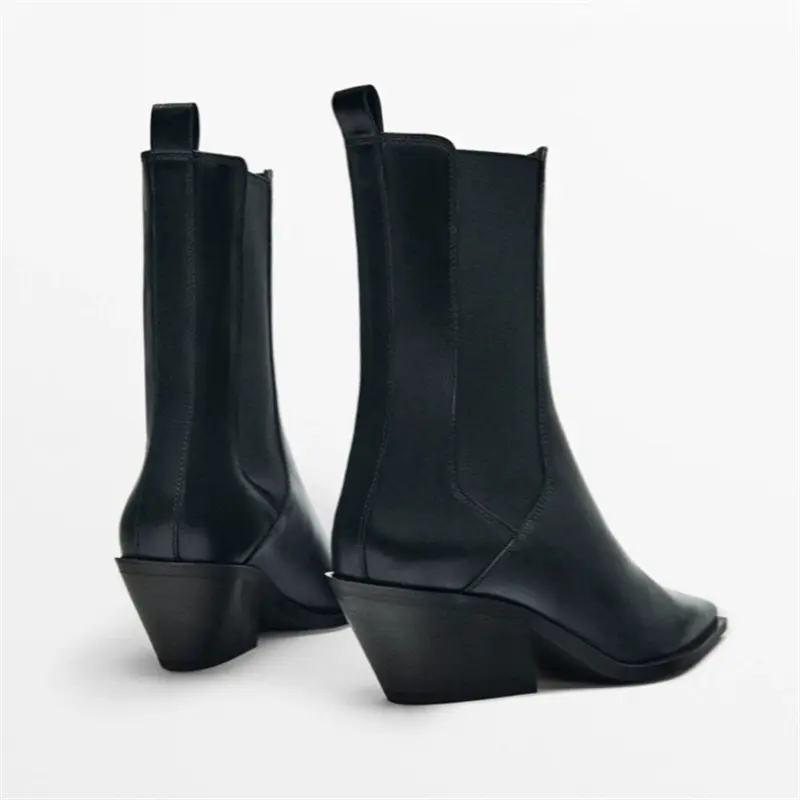 Genuine Leather Women's Solid Color Slip-On Western Classic Trend Pointed High Heels Boots