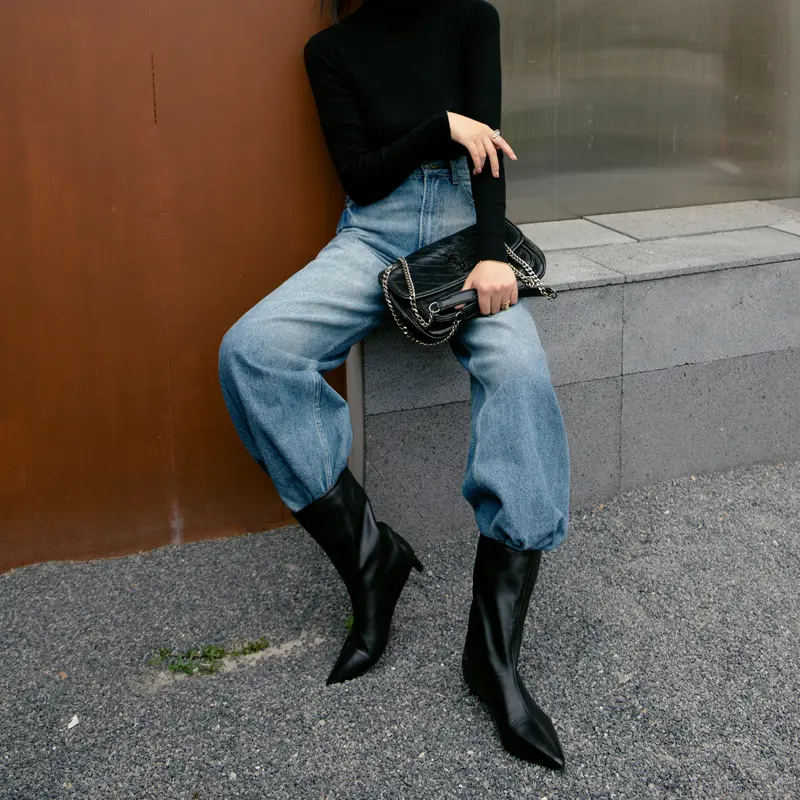 Women's Black Stiletto Knee High Pointed Toe Genui...