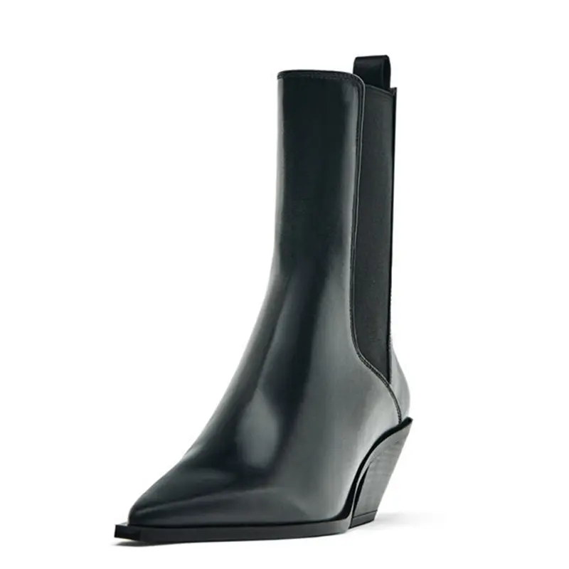 Genuine Leather Women's Solid Color Slip-On Western Classic Trend Pointed High Heels Boots