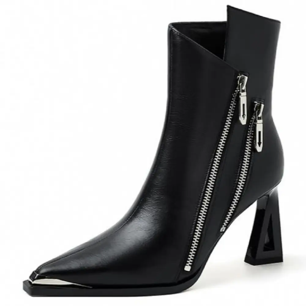 Genuine Leather Women's Double Zipper Design Open High Heel Fashion Ankle Boots