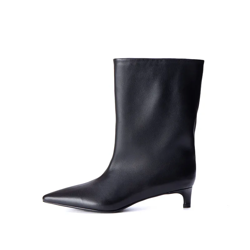 Women's Black Stiletto Knee High Pointed Toe Genuine Leather Mid Calf Wide Leg Ankle Boots