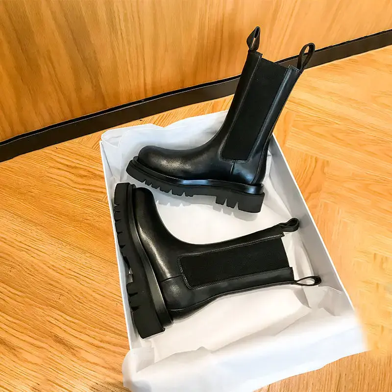 Classics Women's Genuine Leather Black Ankle Chelsea Platform Short Elastic Band Slip On Autumn Winter Boots