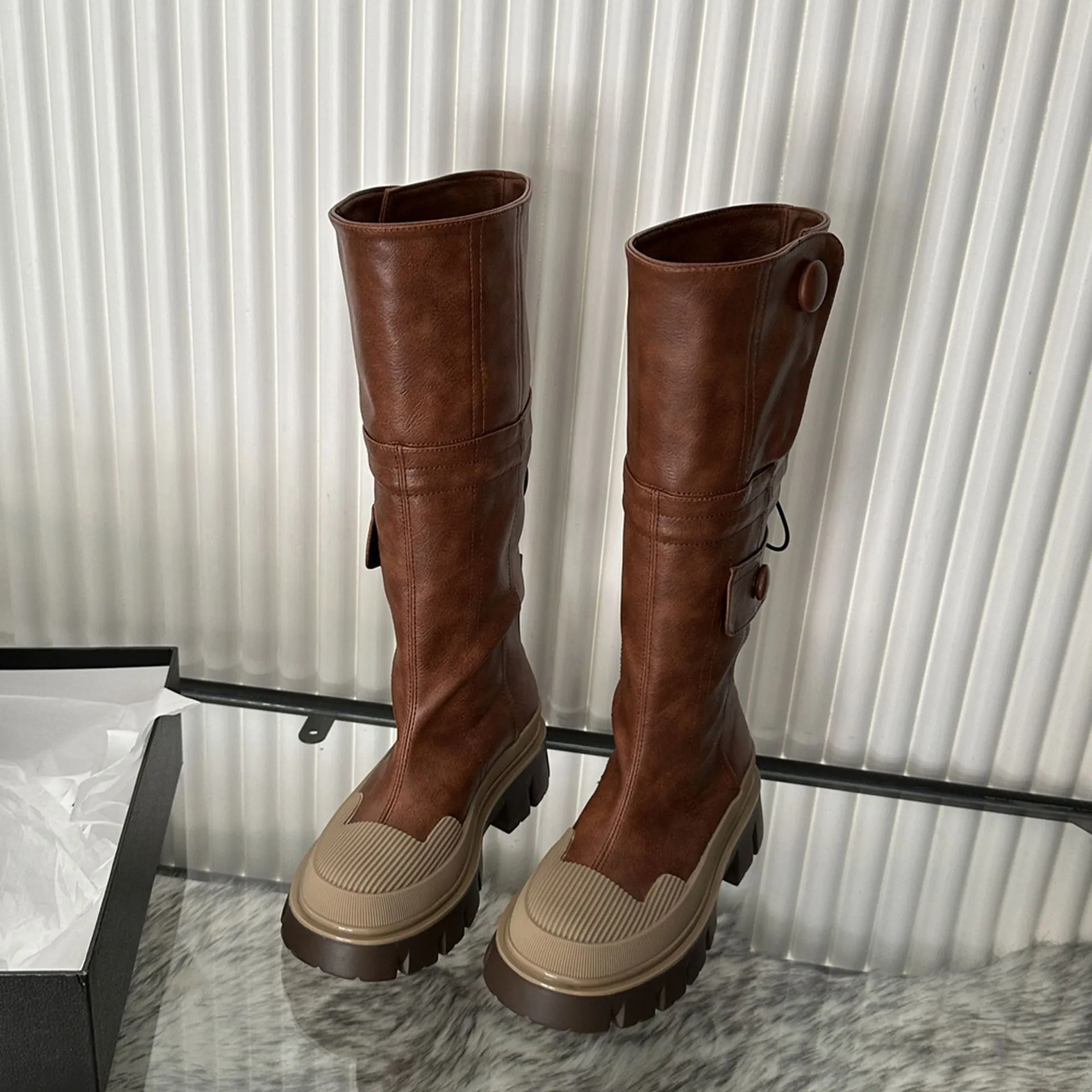 Fashion Woman Knee-High Zipper Leather Square Heel Knight Booties Trend Women's Long Boots