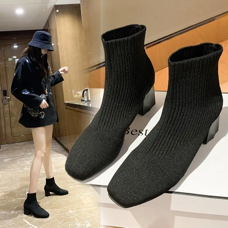 Women's Elastic Socks Square Heel Knitted Ladies Footwear