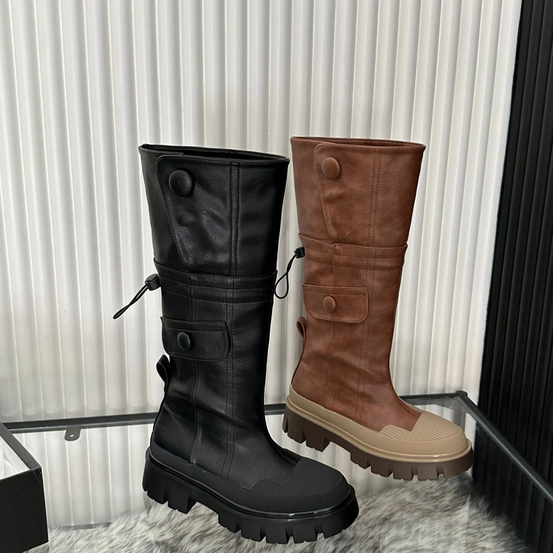 Fashionable Knee-High Zipper Boots for Women, Square Heel Leather Knight Booties, Trendy Long Boots