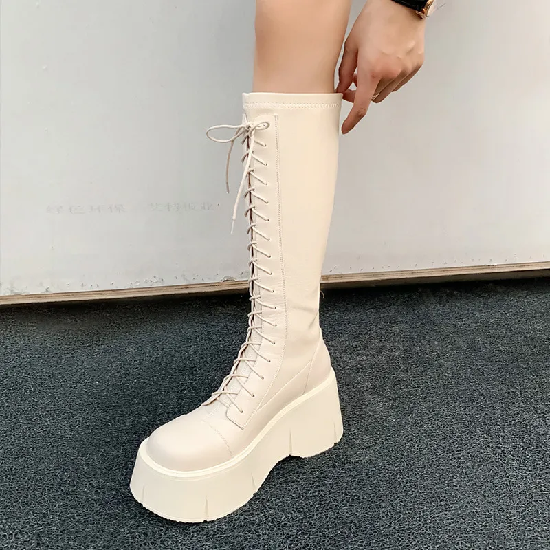 Women's Platform Knee-High Boots, Thick Platform Long Boots for Autumn and Winter, Fashionable Zipper and Lace-Up Solid Thigh-High Boots