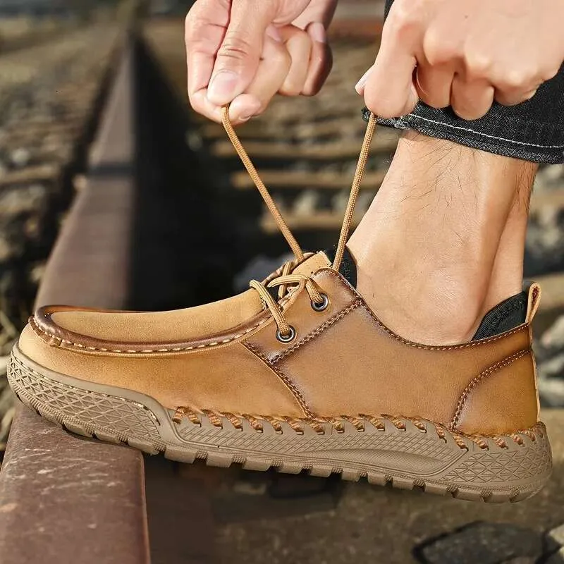 Stylish Flat Lace-Up Running Sneakers for Men, High-Quality Casual Athletic Walking Shoes Made of Genuine Leather